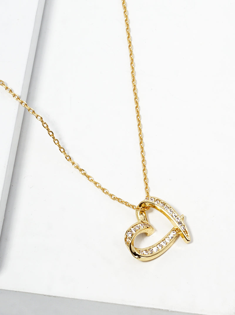 18k Gold Dipped CZ Pave Heart Pendant Delicate Necklace