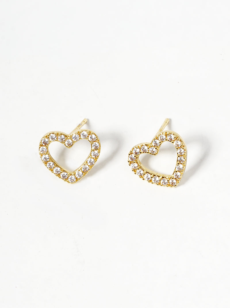 White Gold Dipped CZ Pave Heart Post Stud Earrings