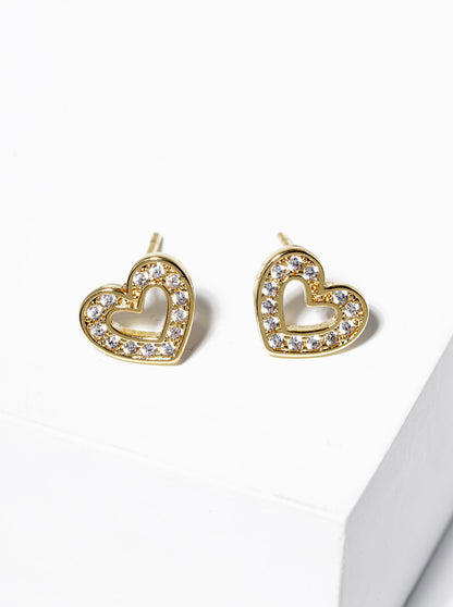 18k Gold Dipped CZ Pave Heart Stud Earrings