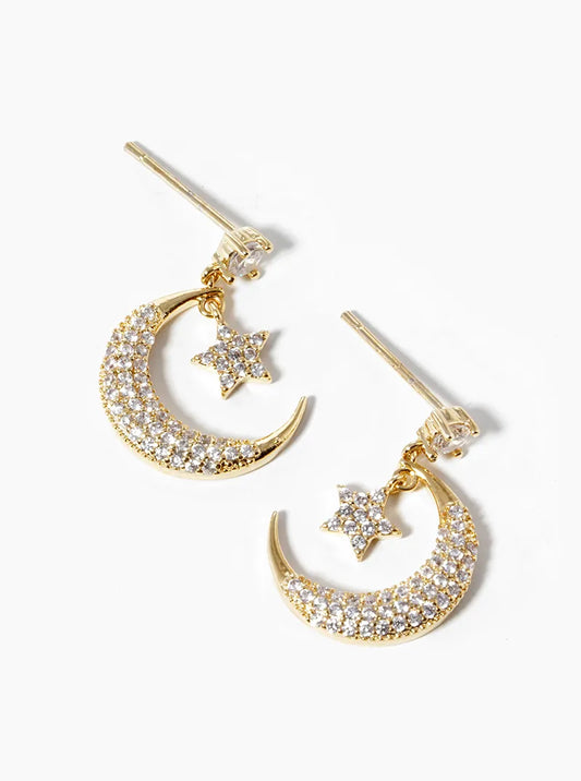 18k Gold Dipped CZ Pave Moon And Star Drop Dangle Post Earrings