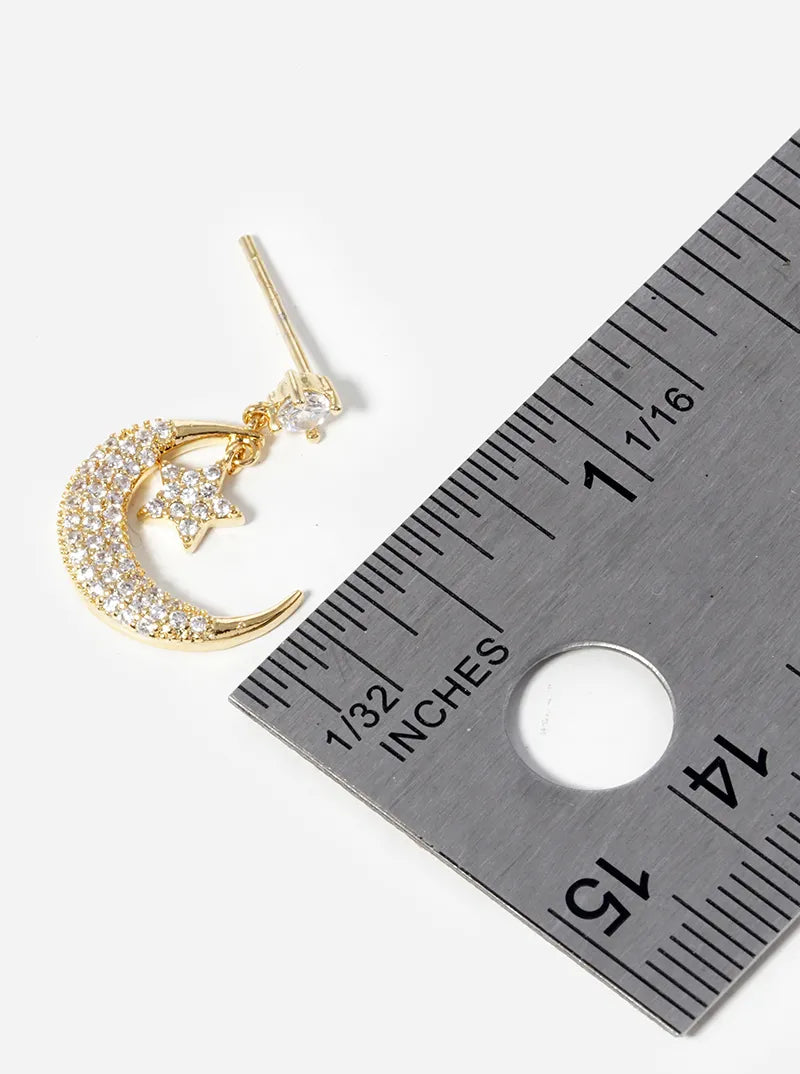 18k Gold Dipped CZ Pave Moon And Star Drop Dangle Post Earrings