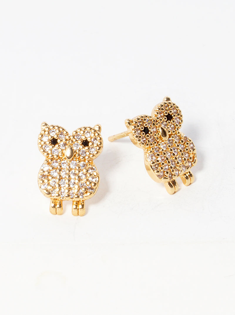 White Gold Dipped CZ Pave Owl Post Stud Earrings