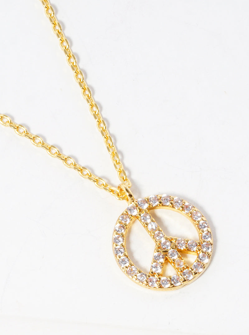 18k Gold Dipped CZ Pave Peace Symbol Pendant Delicate Necklace