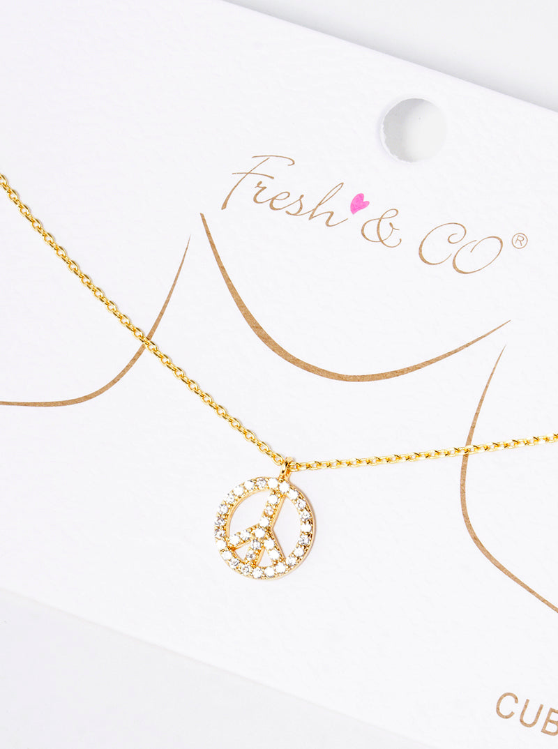18k Gold Dipped CZ Pave Peace Symbol Pendant Delicate Necklace