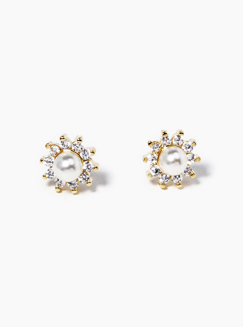 18k Gold Dipped CZ Pave Pearl Flower Post Stud Earrings
