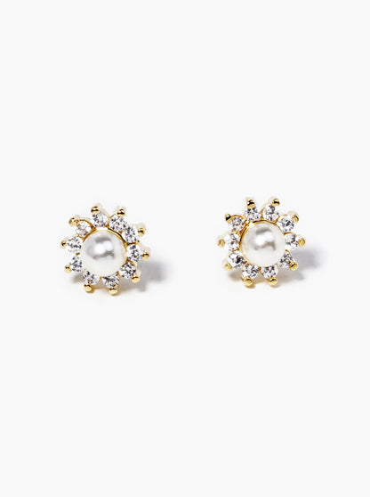 18k Gold Dipped CZ Pave Pearl Flower Post Stud Earrings