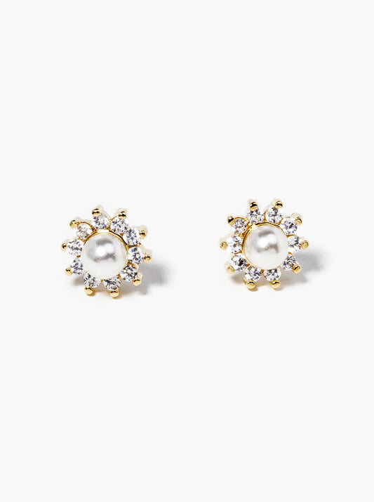 18k Gold Dipped CZ Pave Pearl Flower Post Stud Earrings