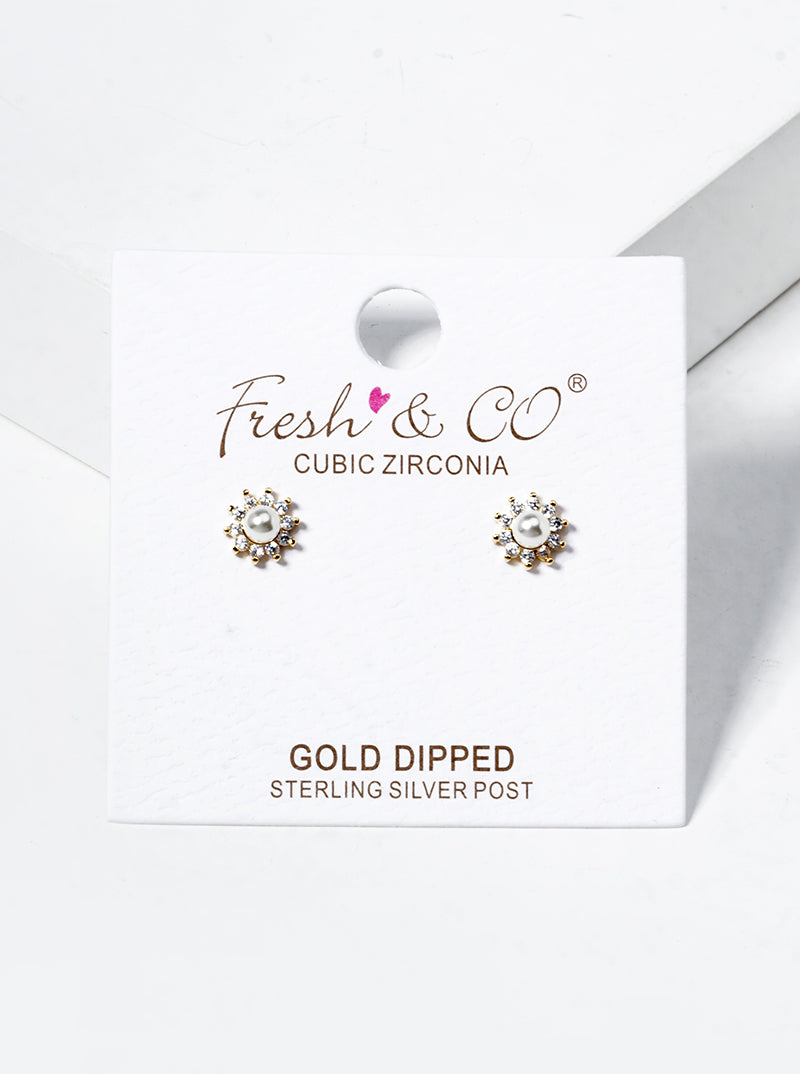 18k Gold Dipped CZ Pave Pearl Flower Post Stud Earrings