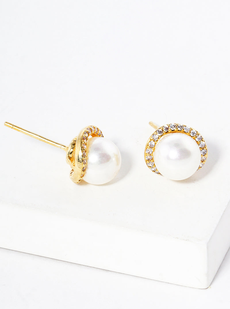 White Gold Dipped CZ Pave Pearl Post Stud Earrings