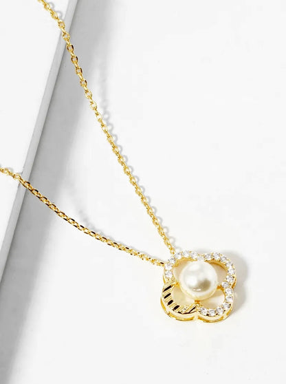 18k Gold Dipped CZ Pave Pearl Quatrefoil Pendant Necklace