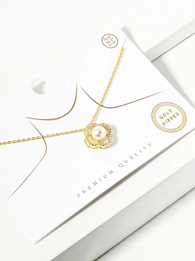18k Gold Dipped CZ Pave Pearl Quatrefoil Pendant Necklace