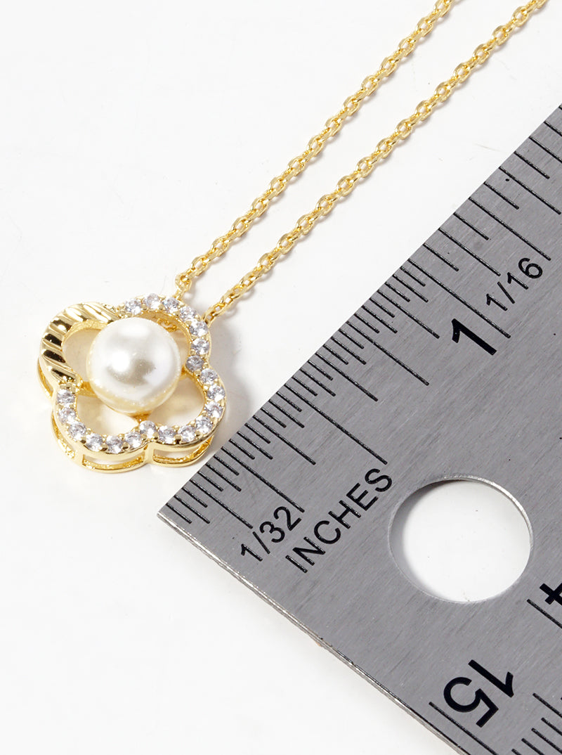18k Gold Dipped CZ Pave Pearl Quatrefoil Pendant Necklace