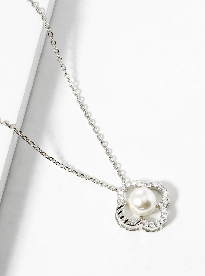 18k Gold Dipped CZ Pave Pearl Quatrefoil Pendant Necklace