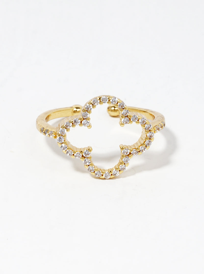 18k Gold Dipped CZ Pave Quatrefoil Adjustable Ring