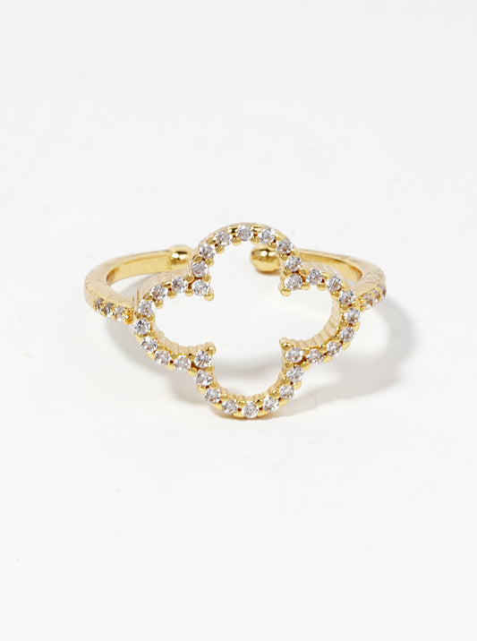 18k Gold Dipped CZ Pave Quatrefoil Adjustable Ring