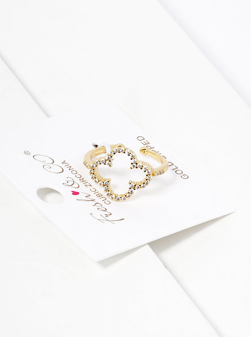 18k Gold Dipped CZ Pave Quatrefoil Adjustable Ring