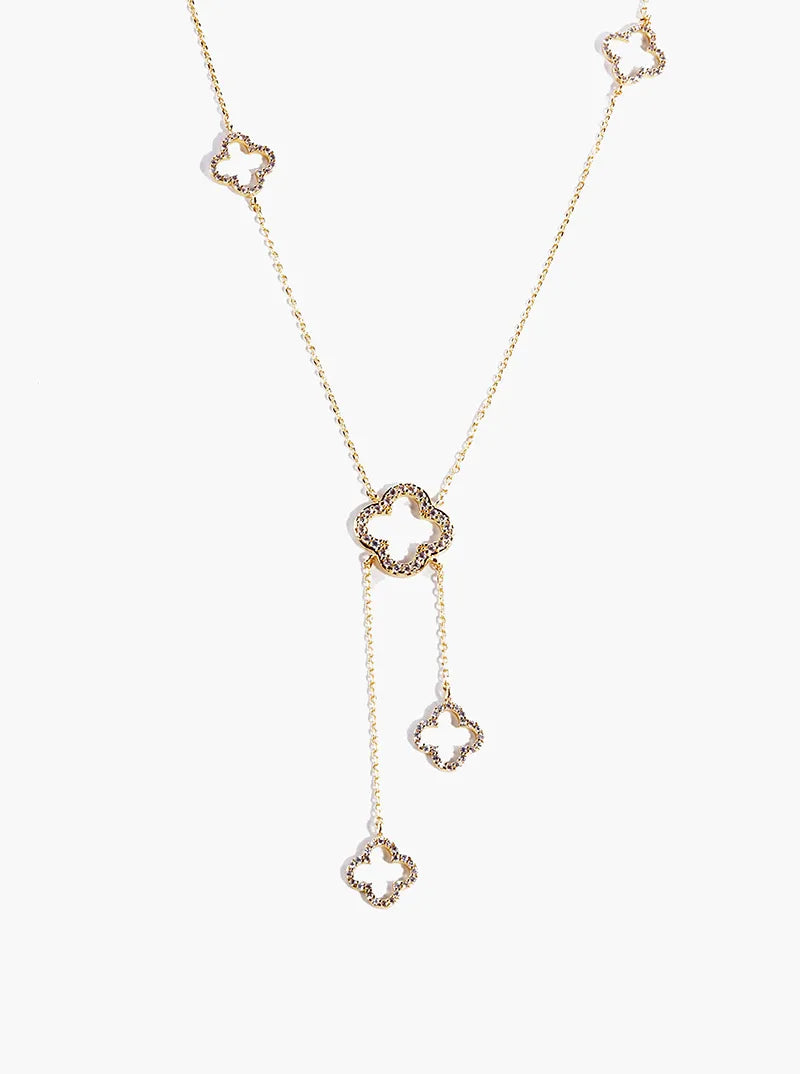 18k Gold Dipped CZ Pave Quatrefoil Lariat Necklace