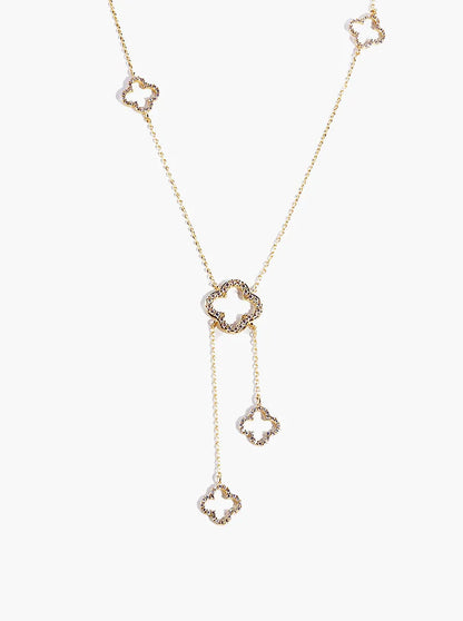 18k Gold Dipped CZ Pave Quatrefoil Lariat Necklace