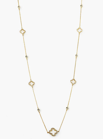18k Gold Dipped CZ Pave Quatrefoil Long Station Necklace