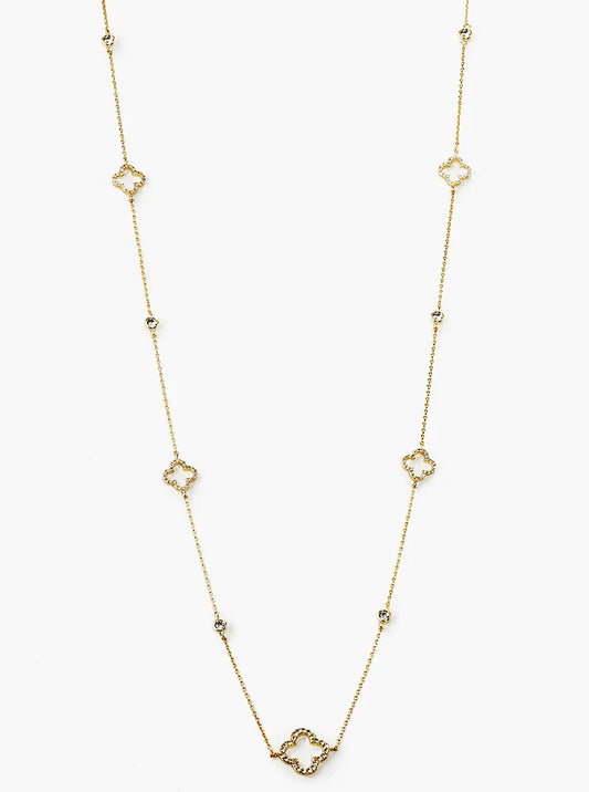 18k Gold Dipped CZ Pave Quatrefoil Long Station Necklace