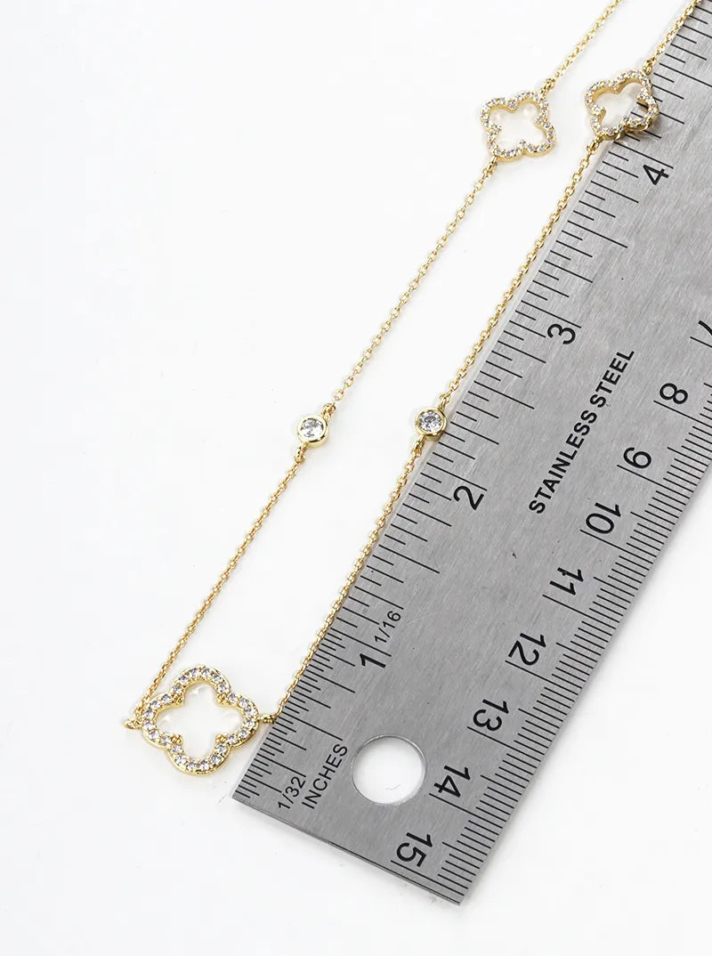 18k Gold Dipped CZ Pave Quatrefoil Long Station Necklace