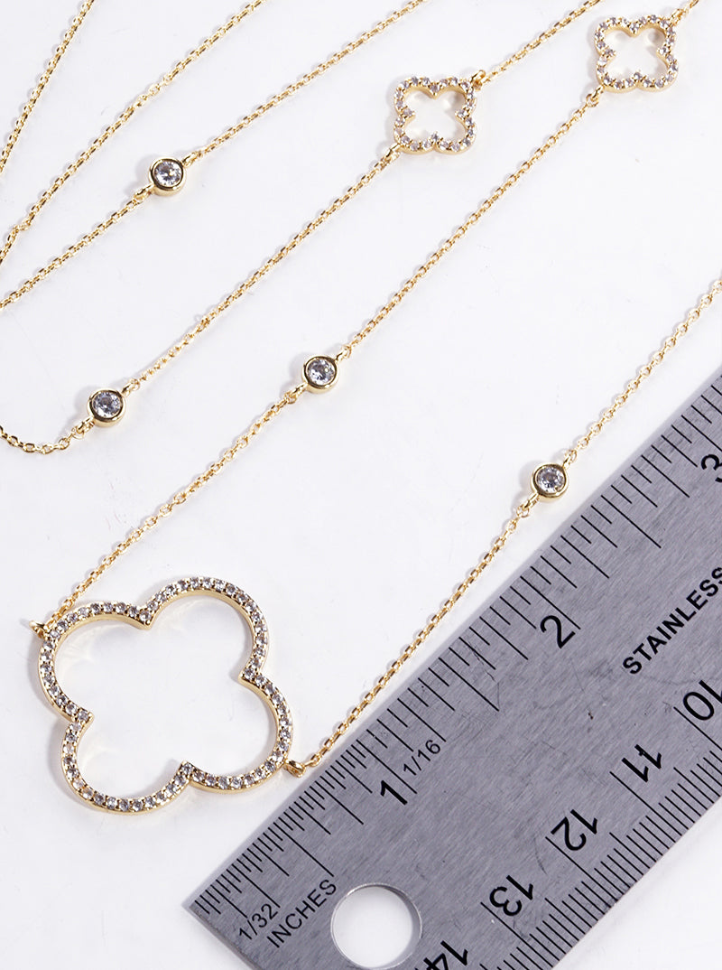 18k Gold Dipped CZ Pave Quatrefoil Pendant 36 Inch Long Station Necklace