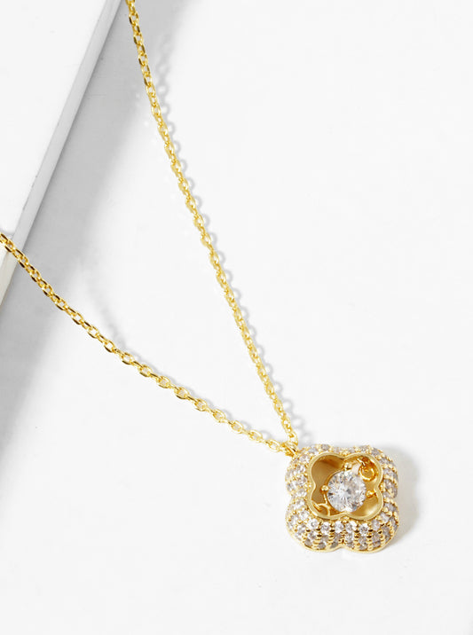 18k Gold Dipped CZ Pave Quatrefoil Pendant Necklace