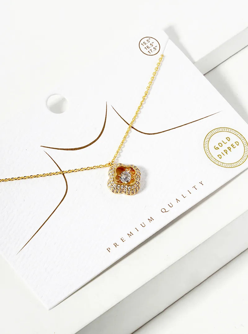 18k Gold Dipped CZ Pave Quatrefoil Pendant Necklace