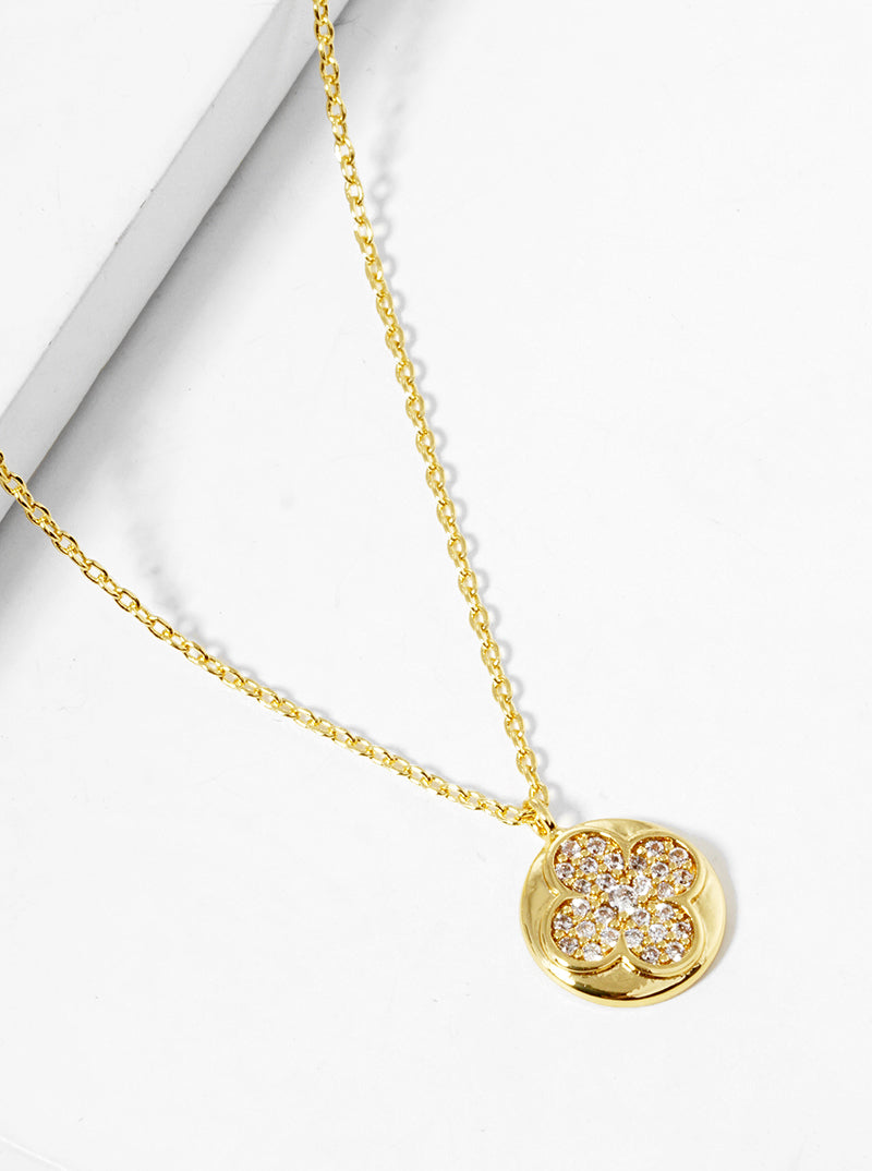 18k Gold Dipped CZ Pave Quatrefoil Round Pendant Necklace