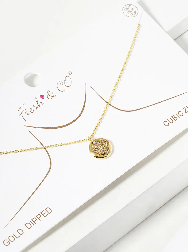 18k Gold Dipped CZ Pave Quatrefoil Round Pendant Necklace