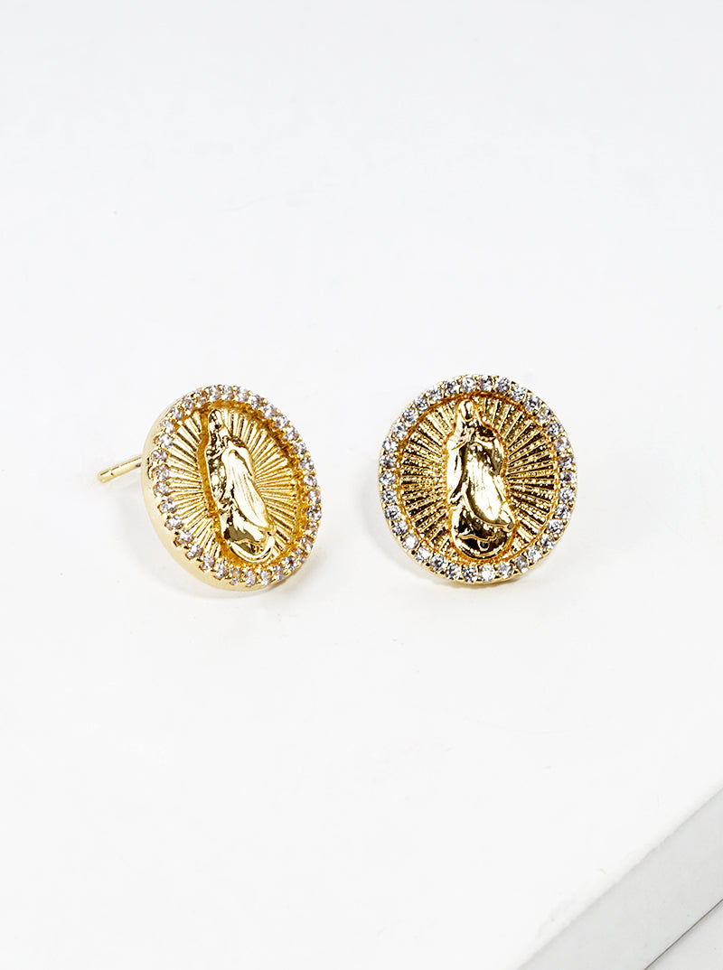 White Gold Dipped CZ Pave Round Virgin Mary Post Stud Earrings