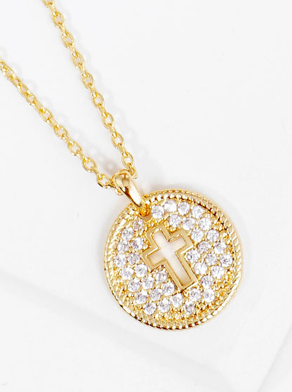 18k Gold Dipped CZ Pave Round Cross Pendant Delicate Necklace
