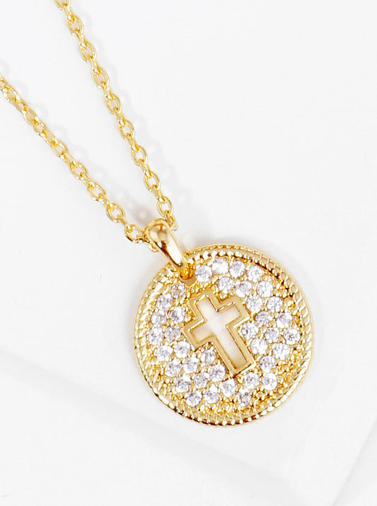18k Gold Dipped CZ Pave Round Cross Pendant Delicate Necklace