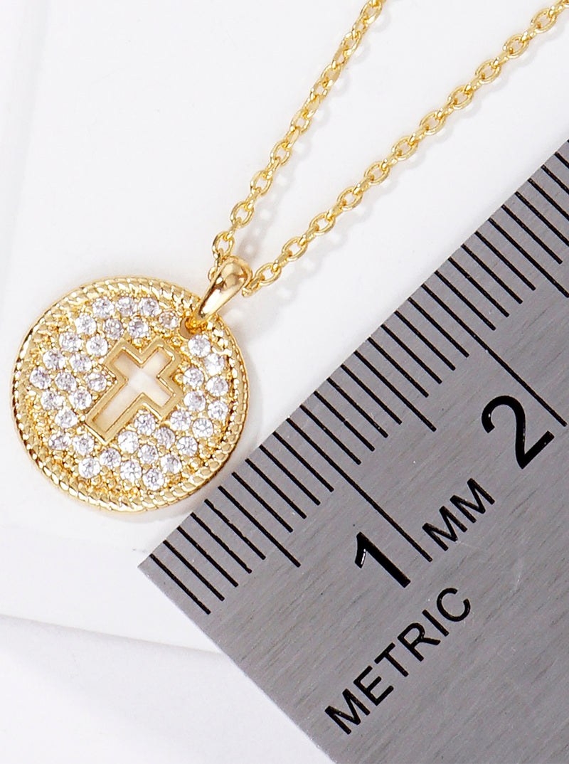 18k Gold Dipped CZ Pave Round Cross Pendant Delicate Necklace