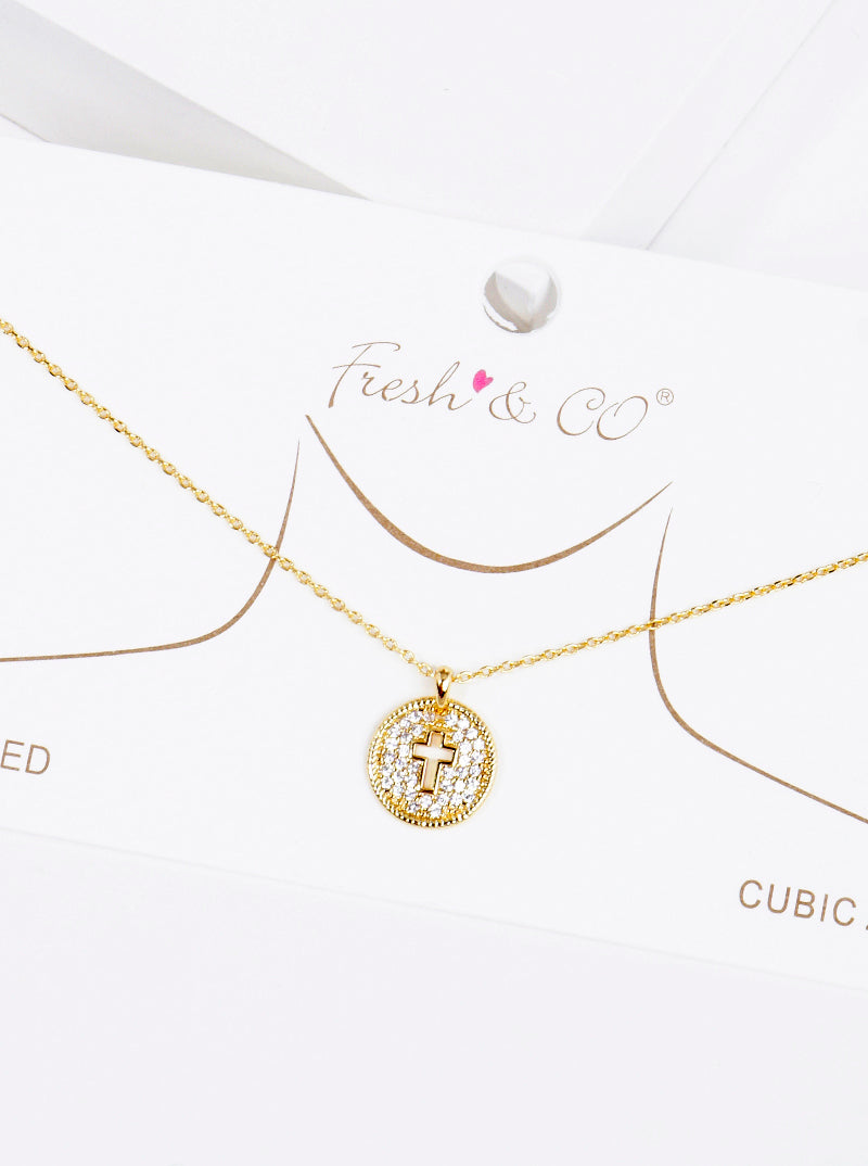 18k Gold Dipped CZ Pave Round Cross Pendant Delicate Necklace