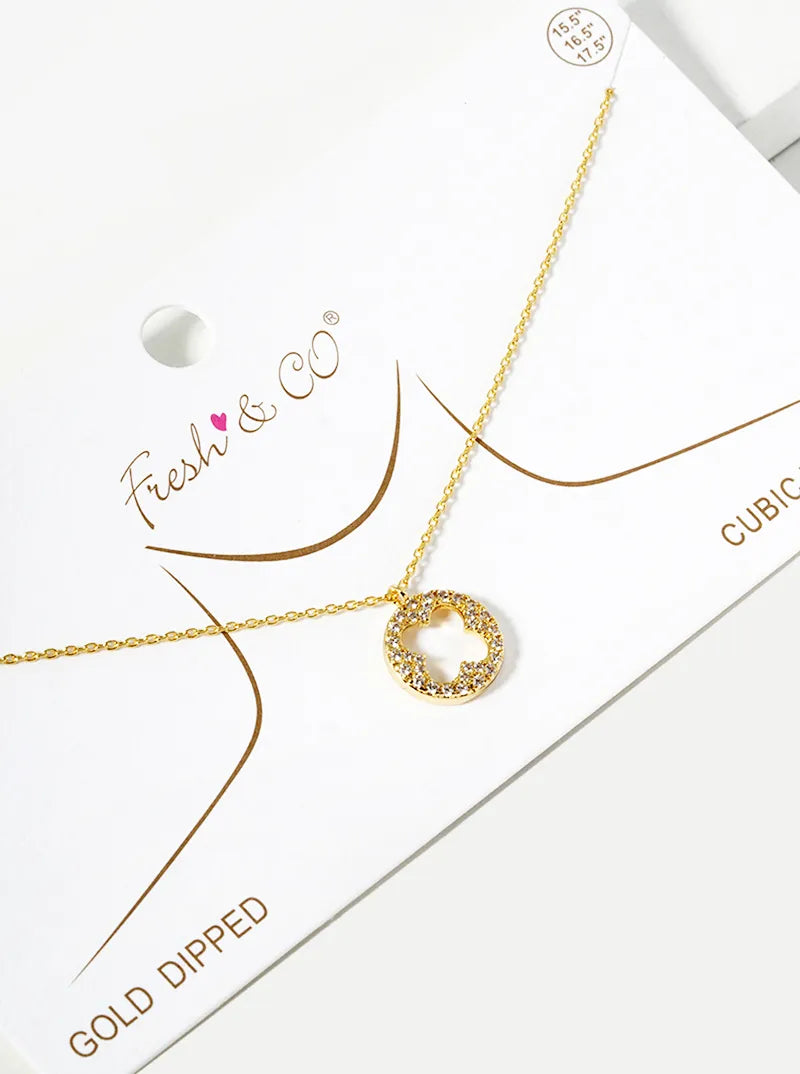 18k Gold Dipped CZ Pave Round Cutout Quatrefoil Pendant Necklace
