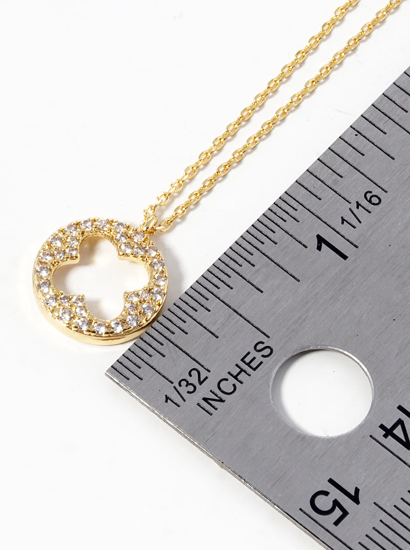 18k Gold Dipped CZ Pave Round Cutout Quatrefoil Pendant Necklace