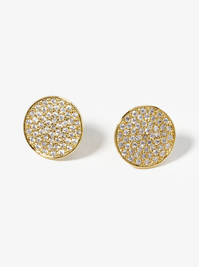 18k Gold Dipped CZ Pave Round Disc Post Stud Earrings