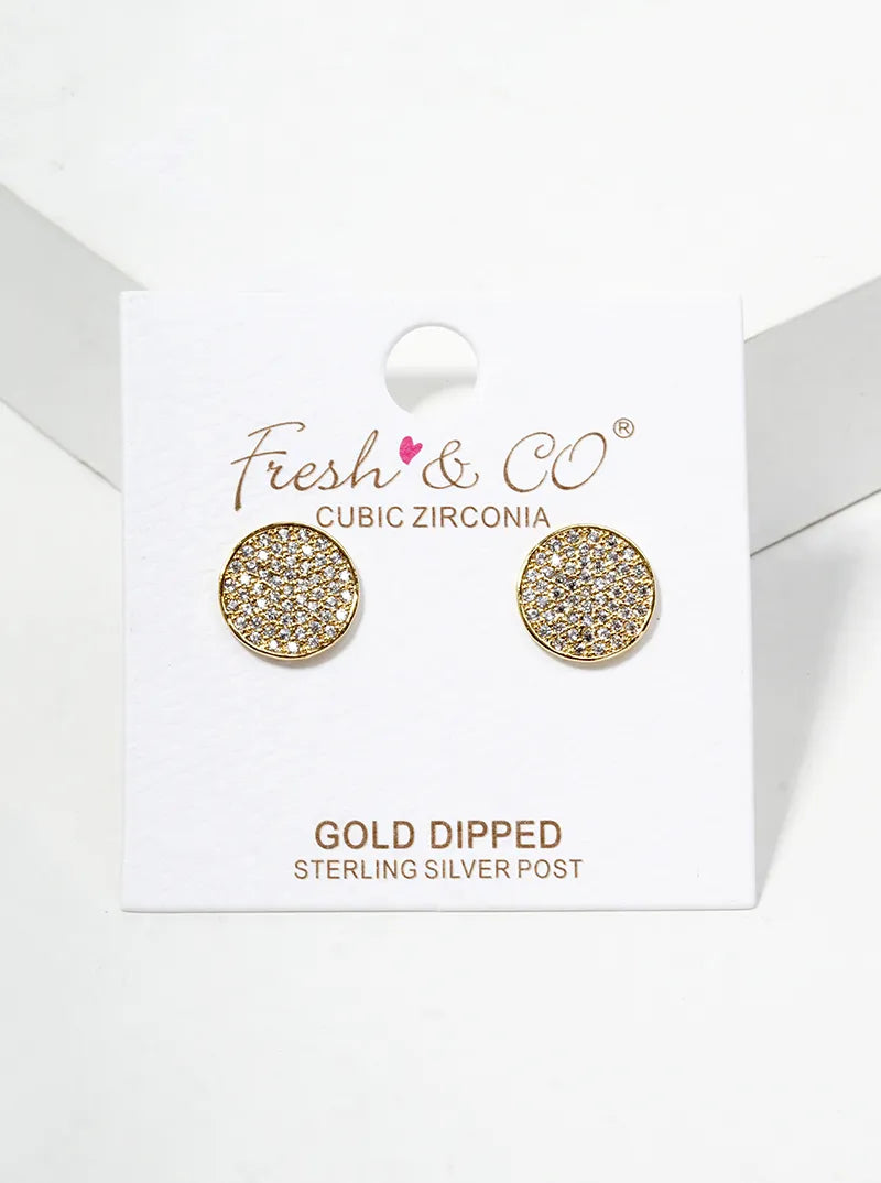 18k Gold Dipped CZ Pave Round Disc Post Stud Earrings