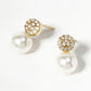 White Gold Dipped CZ Pave Round Glass Pearl  Post Stud Earrings