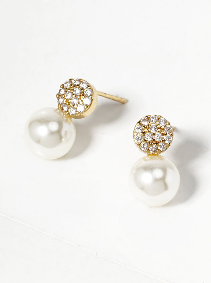 White Gold Dipped CZ Pave Round Glass Pearl  Post Stud Earrings