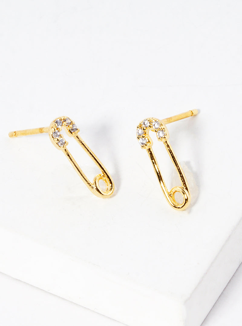 18k Gold Dipped CZ Pave Safety Pin Post Stud Earrings