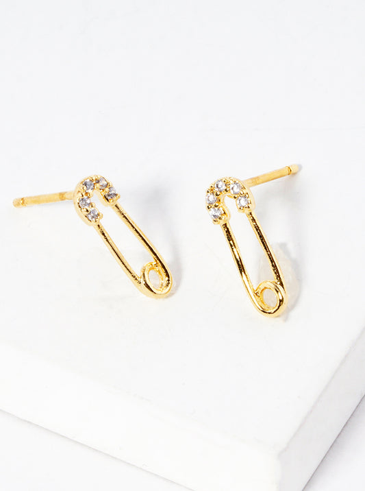 18k Gold Dipped CZ Pave Safety Pin Post Stud Earrings