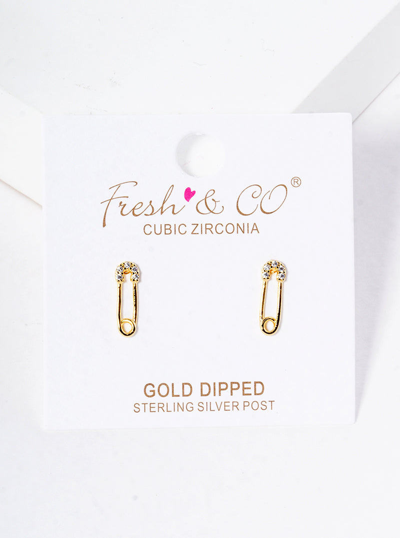 18k Gold Dipped CZ Pave Safety Pin Post Stud Earrings