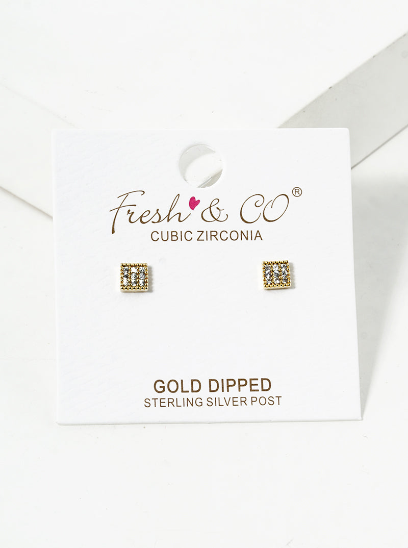 18k Gold Dipped CZ Pave Square Post Stud Earrings