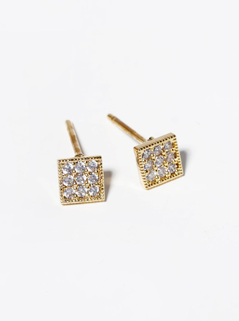 18k Gold Dipped CZ Pave Square Post Stud Earrings