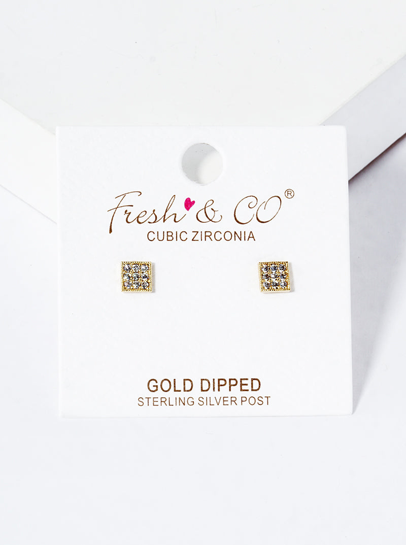 18k Gold Dipped CZ Pave Square Post Stud Earrings