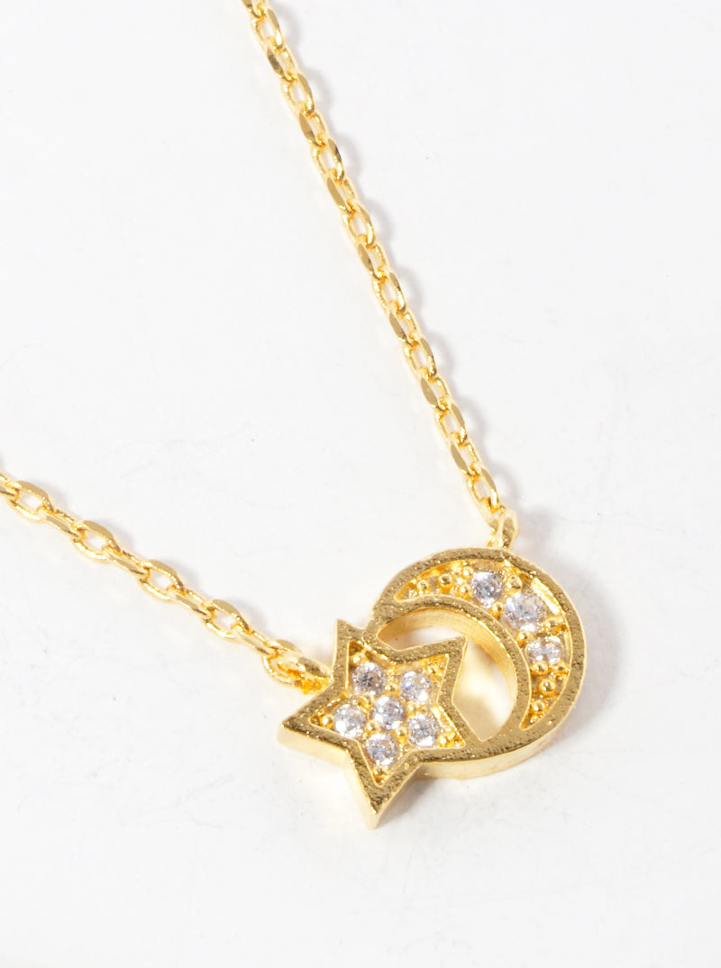 White Gold Dipped CZ Pave Star And Crescent Moon Pendant Delicate Necklace