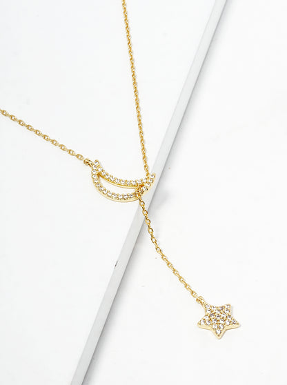18k Gold Dipped CZ Pave Star And Moon Pendant Lariat Necklace
