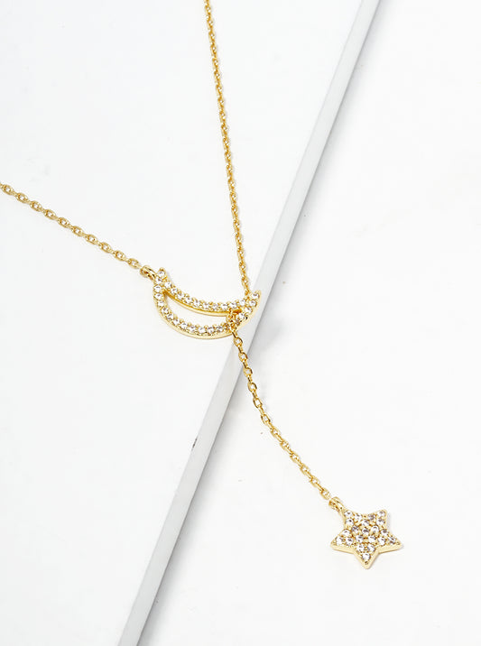 18k Gold Dipped CZ Pave Star And Moon Pendant Lariat Necklace